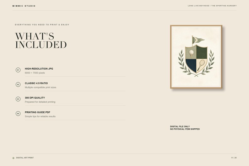 Puede incluir: Una ficha de arte digital con el texto WHAT'S INCLUDED, HIGH-RESOLUTION JPG 6000 x 7500 pixels, CLASSIC 4:5 RATIO, 300 DPI QUALITY y PRINTING GUIDE PDF. Una ilustraci&oacute;n enmarcada muestra un escudo con una pelota de golf y una raqueta.