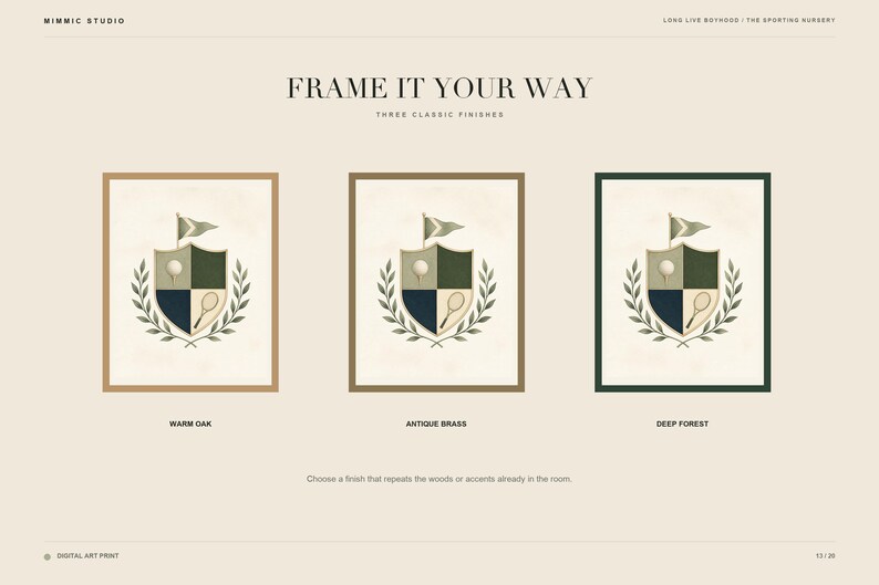 Puede incluir: Tres l&aacute;minas de arte enmarcadas con un escudo que muestra una pelota de golf, una raqueta de tenis y una bandera, rodeados de hojas de laurel. Los marcos se denominan Warm Oak, Antique Brass y Deep Forest. El texto dice FRAME IT YOUR WAY.