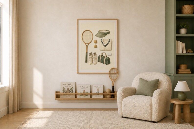 May include: A framed wall art print featuring a vintage-style illustration of tennis equipment, including a wooden racket, a green visor, two tennis balls, a white V-neck sweater, a pair of white sneakers, and a green duffel bag on a cream background.