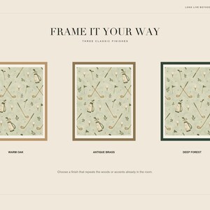 An instructional graphic titled Frame It Your Way showcases three framing options labeled warm oak, antique brass, and deep forest surrounding the golf pattern print.