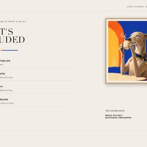An informational product slide listing high-resolution details next to the framed digital art print.