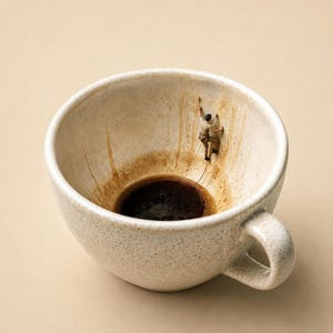 Close-up of a speckled coffee mug containing dark liquid with a tiny figurine rock climbing up the inside wall.