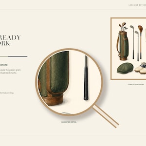 May include: A digital art print titled Golf Equipment Study featuring a watercolor illustration of a vintage golf bag, clubs, a glove, balls, shoes, and a cap. A circular magnifying glass overlay shows the textured paper grain and fine brush strokes.