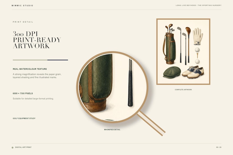 May include: A digital art print titled Golf Equipment Study featuring a watercolor illustration of a vintage golf bag, clubs, a glove, balls, shoes, and a cap. A circular magnifying glass overlay shows the textured paper grain and fine brush strokes.