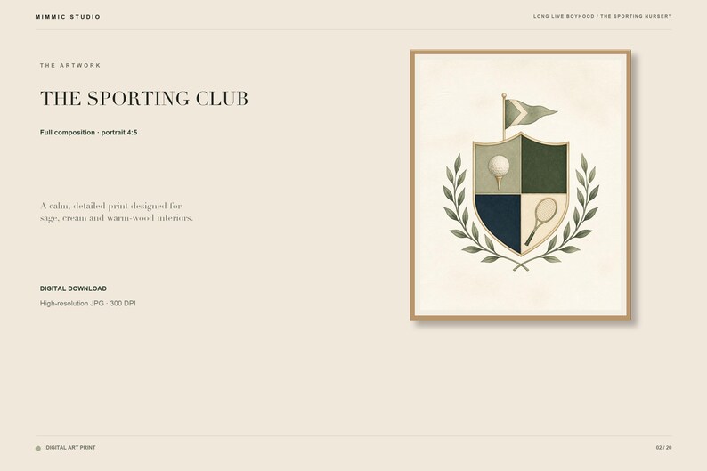 Puede incluir: Una l&aacute;mina de arte enmarcada titulada THE SPORTING CLUB que presenta un escudo dividido en cuatro cuadrantes con una pelota de golf, una raqueta de tenis y una bandera. El escudo est&aacute; rodeado por una corona de laurel en tonos salvia, azul marino y crema.