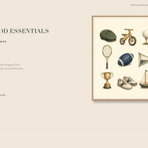 May include: A framed art print titled BOYHOOD ESSENTIALS featuring a grid of illustrations including a green flat cap, wooden balance bike, golf ball, tennis racket, blue football, pennant flag, gold trophy, white sneakers, and a sailboat.