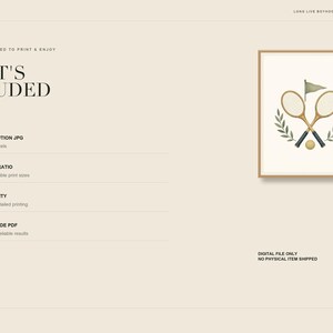 May include: A digital art print featuring two crossed tennis rackets, a small ball, a green flag, and laurel branches. The text reads WHAT'S INCLUDED, HIGH-RESOLUTION JPG 6000 x 7500 pixels, CLASSIC 4:5 RATIO, 300 DPI QUALITY, and PRINTING GUIDE PDF.
