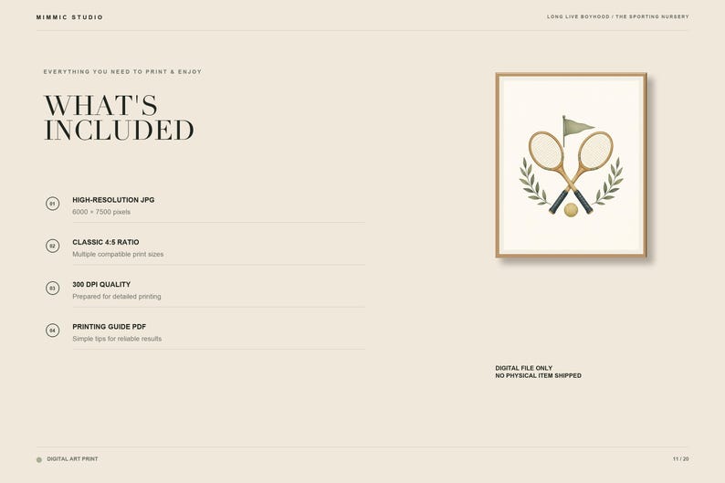 May include: A digital art print featuring two crossed tennis rackets, a small ball, a green flag, and laurel branches. The text reads WHAT'S INCLUDED, HIGH-RESOLUTION JPG 6000 x 7500 pixels, CLASSIC 4:5 RATIO, 300 DPI QUALITY, and PRINTING GUIDE PDF.