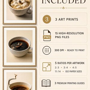 What is included graphic detailing 3 art prints, 15 high-resolution PNG files at 300 DPI, 5 aspect ratio options, printing guides, and instant download availability.