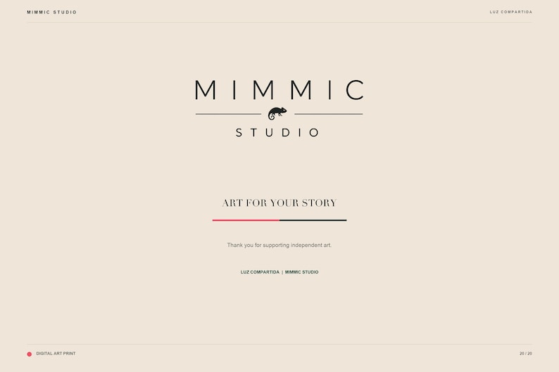 A minimalist studio logo features the text Mimmic Studio with a small chameleon silhouette above the tagline art for your story.