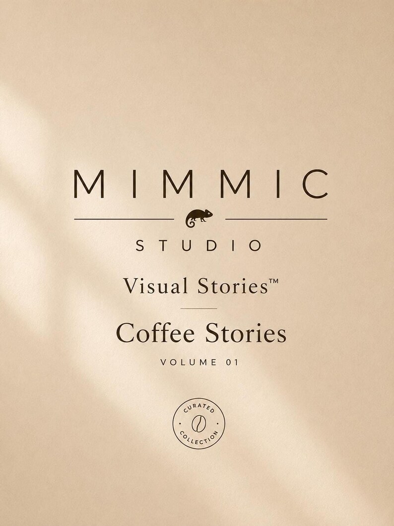Brand title card reading Mimmic Studio Visual Stories Coffee Stories Volume 01 with a chameleon logo.