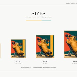 A sizing guide graphic displays four ascending dimensions for the golden retriever gym art print ranging from eight by ten inches up to twenty by twenty-five inches.