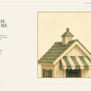 May include: A watercolor illustration of a small building with a green shingled roof, a central cupola with a finial, and a green and white striped awning over a window. The structure features light-colored siding and dark green shutters.