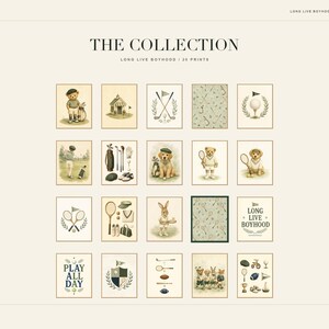 A product collection grid showcasing twenty different printable wall art designs with sports and nursery themes.