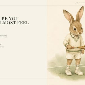 May include: A digital art print featuring a rabbit dressed in a white tennis sweater and shorts, holding a wooden tennis racket with a ball floating nearby. The text reads: MIMMIC STUDIO, TEXTURE YOU CAN ALMOST FEEL, MATTE PAPER, RECOMMENDED WEIGHT.