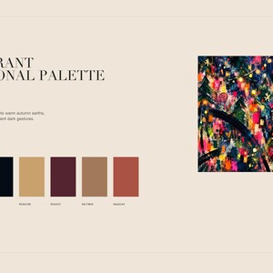 An informational slide titled A Vibrant Seasonal Palette displays six color swatches with hex codes beneath a square digital abstract art thumbnail.