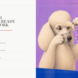 A slide detailing artwork specifications next to a close-up of the white poodle trimming its fur with scissors.