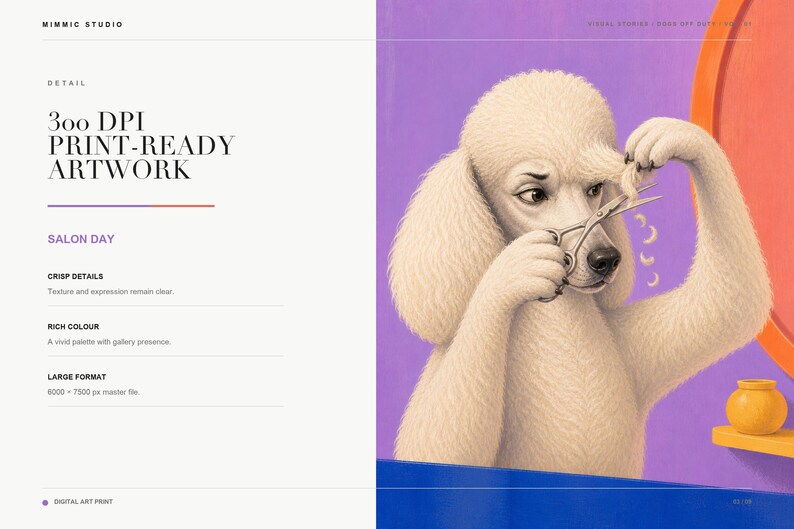 A slide detailing artwork specifications next to a close-up of the white poodle trimming its fur with scissors.