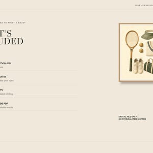 May include: A digital art print featuring a tennis racket, two tennis balls, a green visor, a cream-colored V-neck sweater with green trim, white sneakers, and a green duffel bag. The text reads WHAT'S INCLUDED, HIGH-RESOLUTION JPG, CLASSIC 4:5 RATIO, 300 DPI QUALITY, and PRINTING GUIDE PDF.