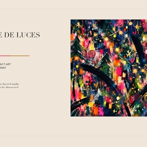A digital presentation slide shows text reading Noche de Luces beside a close-up crop of the colorful abstract artwork.