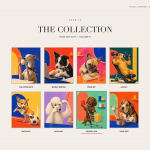 An informational slide showcasing an eight-image collection of dogs doing human activities, including the dachshund grocery run print.