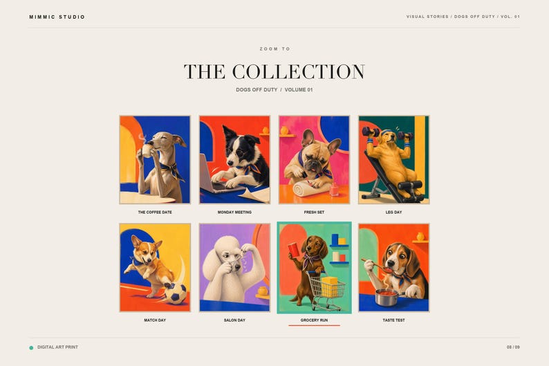 An informational slide showcasing an eight-image collection of dogs doing human activities, including the dachshund grocery run print.
