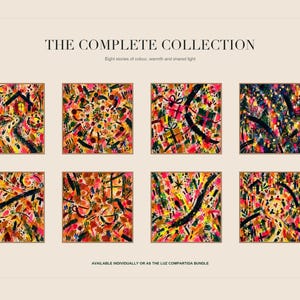 An informational slide showcasing the complete collection of eight different colorful square abstract art prints.
