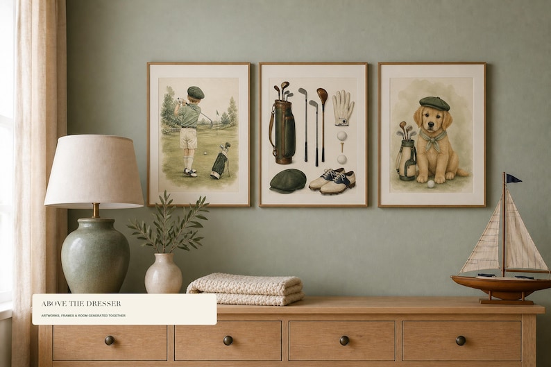 Three framed golf prints hang above a wooden dresser holding a lamp and decor.