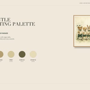 Puede incluir: Una impresi&oacute;n de arte digital enmarcada titulada Sporting Animals Parade que muestra un oso, un perro, un conejo y un zorro con ropa deportiva. La impresi&oacute;n se muestra sobre un fondo crema junto a una paleta de colores marfil c&aacute;lido, salvia suave, bosque, azul marino apagado y bronceado vintage, con texto que detalla la historia del color.