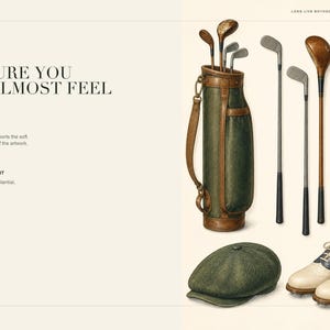 May include: A digital art print featuring a vintage golf set including a dark green leather golf bag with clubs, a cream-colored leather golf glove, two white golf balls, a wooden tee, a green flat cap, and cream and navy blue golf shoes.