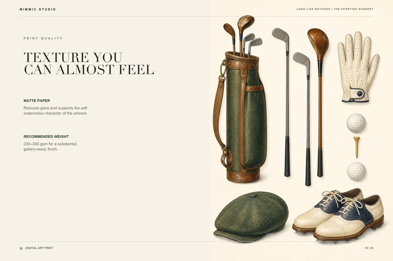 May include: A digital art print featuring a vintage golf set including a dark green leather golf bag with clubs, a cream-colored leather golf glove, two white golf balls, a wooden tee, a green flat cap, and cream and navy blue golf shoes.