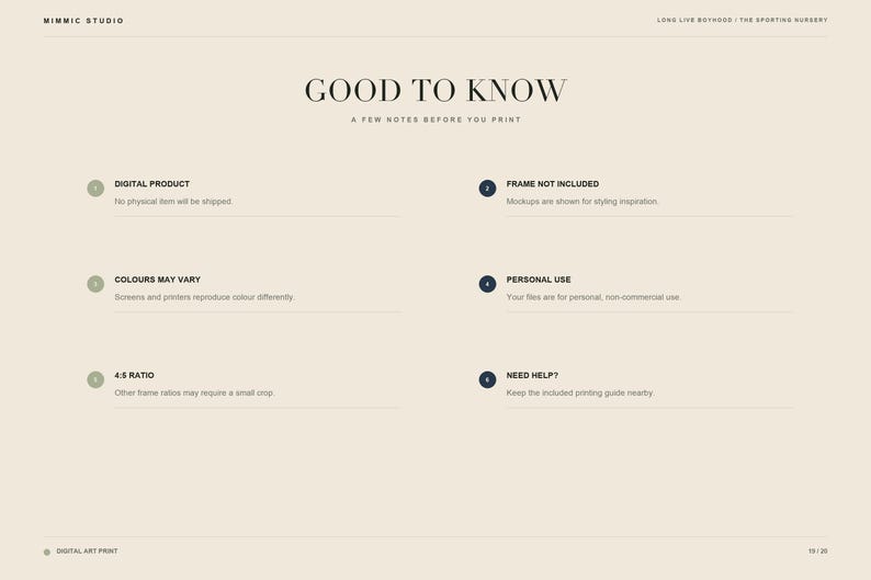 An informational graphic titled Good to Know lists six key notes regarding digital products, color variations, aspect ratios, and frames.