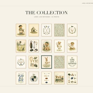 May include: A collection of twenty digital art prints titled THE COLLECTION LONG LIVE BOYHOOD. The prints feature illustrations of teddy bears, rabbits, and dogs engaged in sports like golf and tennis, alongside patterned backgrounds and text.