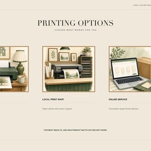 May include: An informational graphic titled PRINTING OPTIONS displaying three methods: AT HOME with a desktop printer, LOCAL PRINT SHOP with a professional printer, and ONLINE SERVICE with a laptop and shipping box. Text includes instructions for paper.