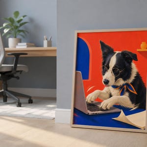 Framed wall art of a border collie typing on a laptop, displayed on a wooden floor in a home office.