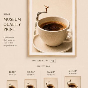An informational sizing chart showing the coffee diver art print alongside standard dimensions and aspect ratios for printing.
