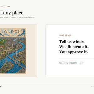 Pu&ograve; includere: Un'interfaccia di servizio di arte digitale che presenta un'illustrazione personalizzata di Londra con il fiume Tamigi, edifici cittadini e ponti. Il testo include: The world is your gallery, Request any place, Your place, Tell us where. We illustrate it. You approve it.