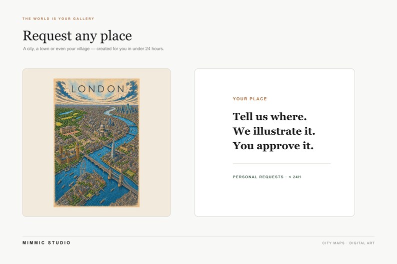 Pu&ograve; includere: Un'interfaccia di servizio di arte digitale che presenta un'illustrazione personalizzata di Londra con il fiume Tamigi, edifici cittadini e ponti. Il testo include: The world is your gallery, Request any place, Your place, Tell us where. We illustrate it. You approve it.