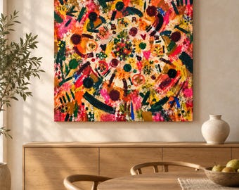 Around the Table Abstract Art, Thanksgiving Wall Art, Bold Colorful Fall Print, Maximalist Square Printable Download