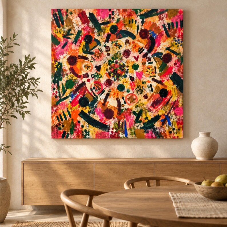 Puede incluir: Un cuadro cuadrado sobre lienzo que presenta una vibrante composici&oacute;n abstracta con patrones arremolinados de rosa intenso, naranja brillante, verde bosque profundo y amarillo dorado. La obra muestra pinceladas energ&eacute;ticas.