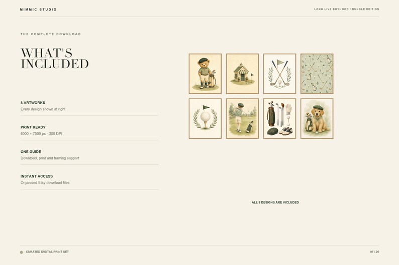 An informational product slide listing details and displaying eight miniature preview prints.
