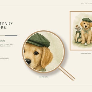 May include: A digital art print featuring a golden retriever puppy wearing a green flat cap, with a golf bag and ball nearby. The image includes text such as 300 DPI PRINT-READY ARTWORK, REAL WATERCOLOUR TEXTURE, 6000 x 7500 PIXELS, and LITTLE CADDIE DOG.