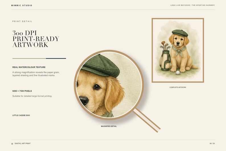 May include: A digital art print featuring a golden retriever puppy wearing a green flat cap, with a golf bag and ball nearby. The image includes text such as 300 DPI PRINT-READY ARTWORK, REAL WATERCOLOUR TEXTURE, 6000 x 7500 PIXELS, and LITTLE CADDIE DOG.