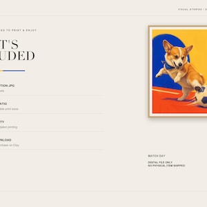 What's Included slide listing high-resolution and format details beside a framed preview of the corgi soccer print.