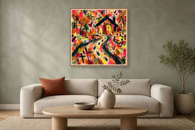 A square abstract print in a wooden frame mounted on a gray wall above a beige couch, wooden coffee table, and side plant.