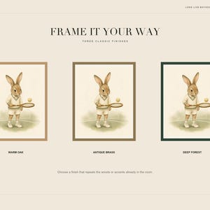 May include: Three framed art prints featuring a rabbit dressed in tennis attire holding a racket and ball. The frames are labeled Warm Oak, Antique Brass, and Deep Forest. The text reads FRAME IT YOUR WAY, THREE CLASSIC FINISHES, and MIMMIC STUDIO.