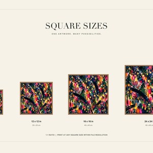 A slide titled Square Sizes displays four framed previews of the abstract artwork with dimensions ranging from 8 by 8 to 24 by 24 inches.