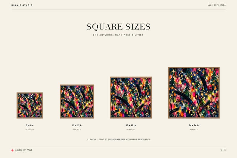 A slide titled Square Sizes displays four framed previews of the abstract artwork with dimensions ranging from 8 by 8 to 24 by 24 inches.