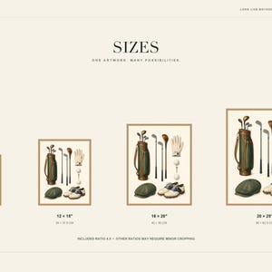 May include: A digital art print display showing four sizes of a golf-themed illustration featuring a green golf bag, clubs, a flat cap, golf shoes, a glove, and golf balls on tees. The sizes listed are 8x10, 12x15, 16x20, and 20x25 inches.
