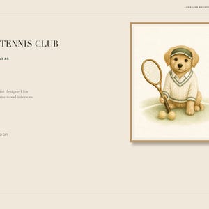 May include: A framed art print titled Little Tennis Club featuring a golden puppy wearing a green visor and a white V-neck sweater with green trim. The puppy holds a wooden tennis racket in one paw, with two yellow tennis balls resting on the ground.